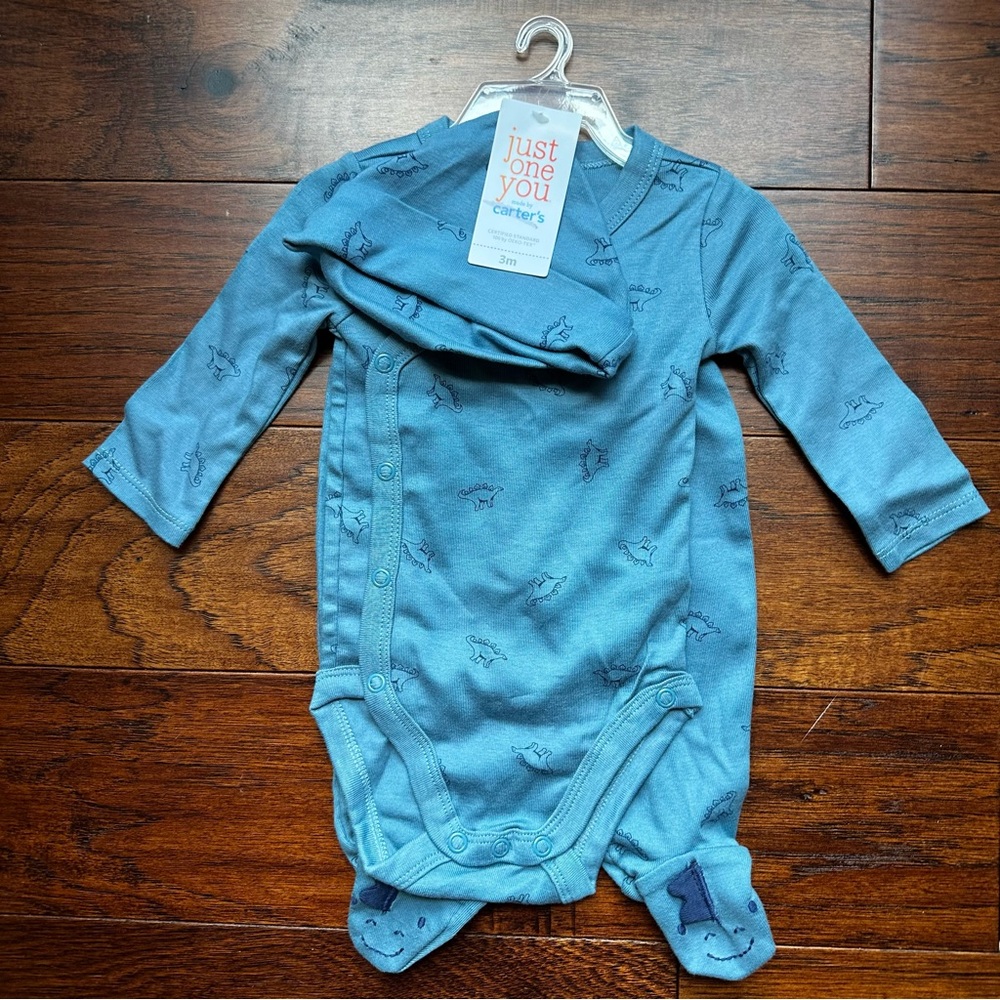 Blue Dinosaur Print Baby Onesie, Pants, and Hat set